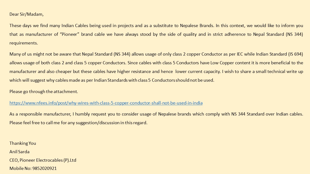 Why Nepal Standard Cable should be Preferred over Indian Standard with Class 5 Conductors for Domestic Wiring